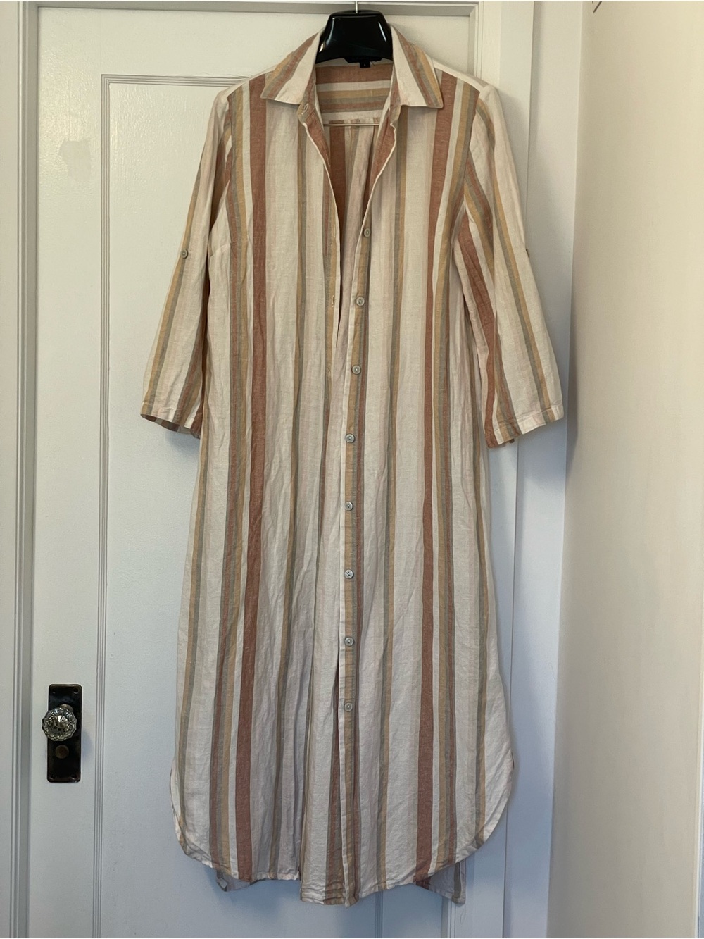 CHARLIE B Linen Beige, Cream and Brown Vertical Stripe Button-Down Dress/Duster